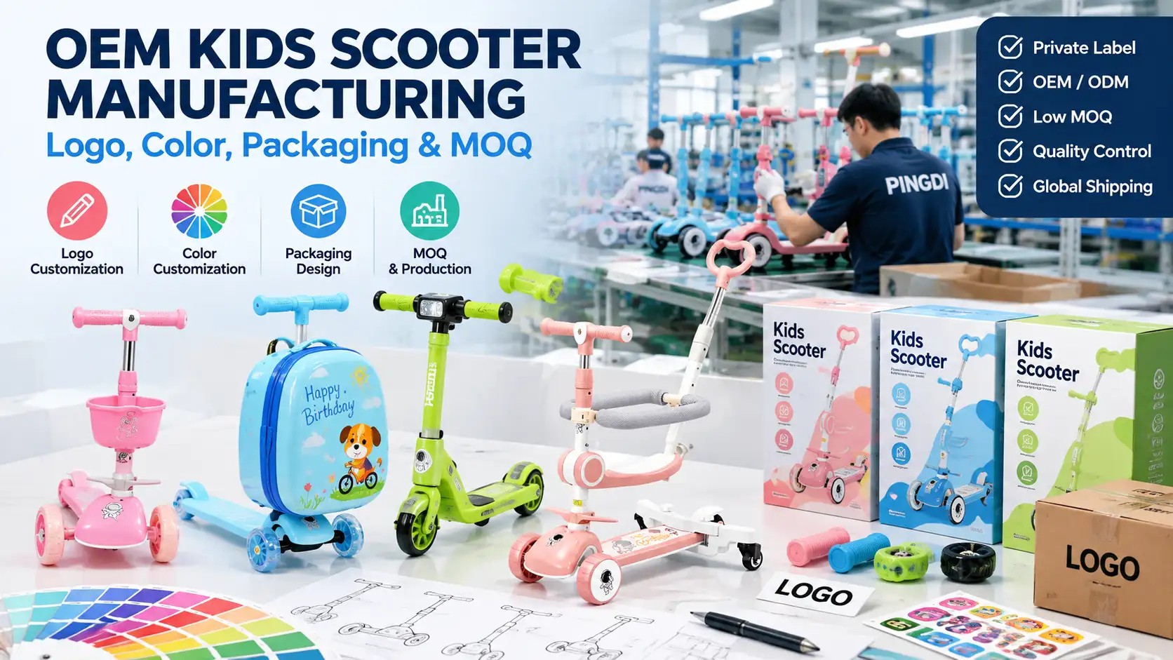 OEM Kids Scooter Manufacturing: Logo, Color, Packaging & MOQ